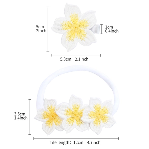 Handmade Plumeria Flower Embroidery Baby Hair Accessories Set Soft Nylon Hairband And Cloth Covered Hair Clip For Kids Girls Sweet Floral Headwear