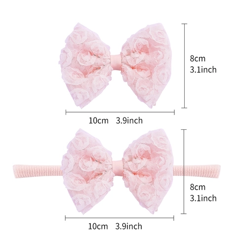Diadema para Bebé con Lazo de Encaje Rosa Hecha a Mano Banda de Nailon Elástica Pinzas para el Pelo con Flores de Encaje