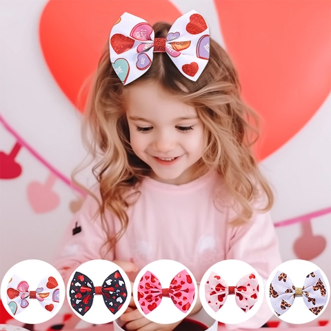 Valentine's Day Kids Girls Hair Clip Heart Pattern Bowknot Leopard Print Ribbon All Wrapped Crocodile Clip Boutique Hair Accessories