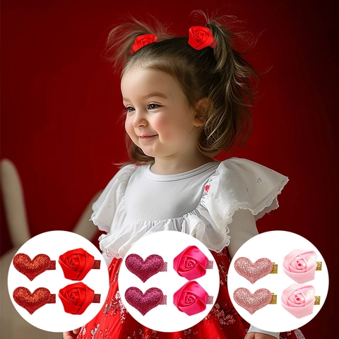 Handmade Kids Hair Clips Glitter Heart Polyester Satin Rose Flower Duckbill Clips Princess Hair Accessories For Girls Daily Birthday Gift
