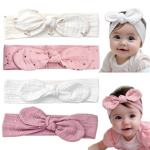 Adjustable Baby Girl Headbands Muslin Gauze Bunny Ear Bow Knot Hairbands Rhinestone Floral Infant Toddler Hair Accessories