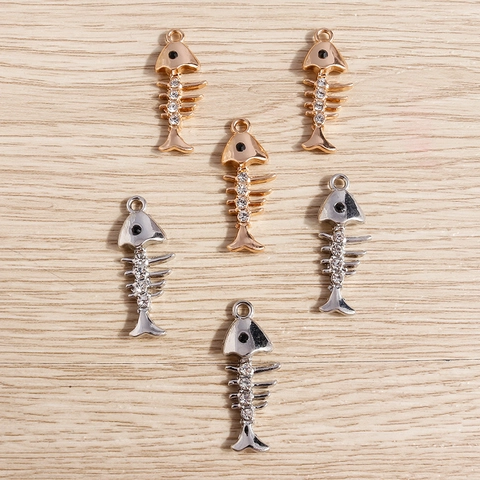 Alloy Rhinestone Fish Bone Pendants For DIY Jewelry Making Gold Silver Plated Fish Skeleton Charms For Necklace Bracelet Crafts