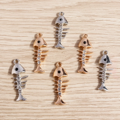 Alloy Rhinestone Fish Bone Pendants For DIY Jewelry Making Gold Silver Plated Fish Skeleton Charms For Necklace Bracelet Crafts