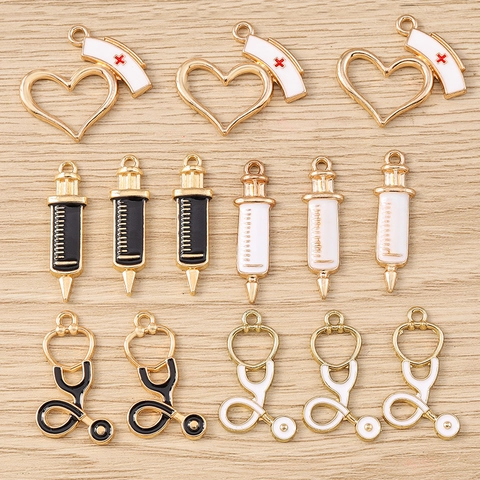 Colgantes de Aleación DIY de Tema Médico Estetoscopio Jeringa Gorro de Enfermera Corazón Esmalte Charms para Hacer Joyería