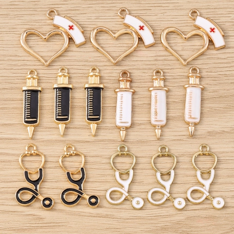 Colgantes de Aleación DIY de Tema Médico Estetoscopio Jeringa Gorro de Enfermera Corazón Esmalte Charms para Hacer Joyería