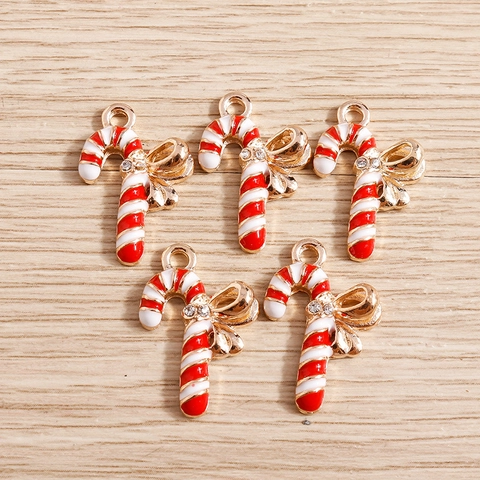 Christmas Candy Cane Alloy Pendants Red White Enamel Bow Rhinestone Charms For DIY Necklace Bracelet Earrings Jewelry Making