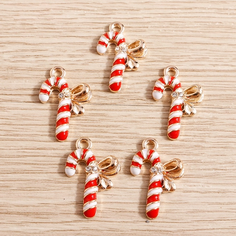 Christmas Candy Cane Alloy Pendants Red White Enamel Bow Rhinestone Charms For DIY Necklace Bracelet Earrings Jewelry Making