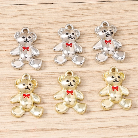 Cute Alloy Enamel Bear Pendants With Red Bowtie Metal Animal Charms For DIY Jewelry Making Necklaces Accessories Fashion Gift