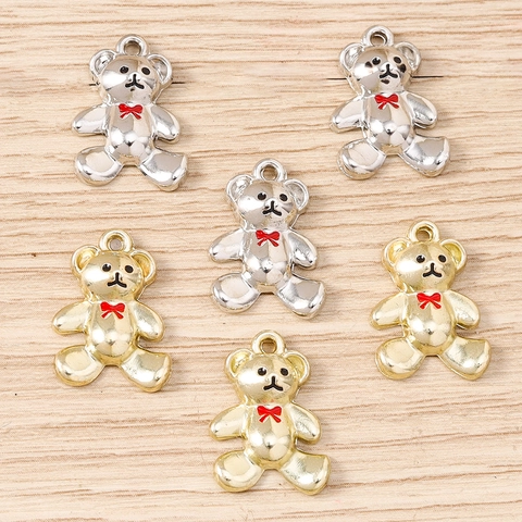Cute Alloy Enamel Bear Pendants With Red Bowtie Metal Animal Charms For DIY Jewelry Making Necklaces Accessories Fashion Gift