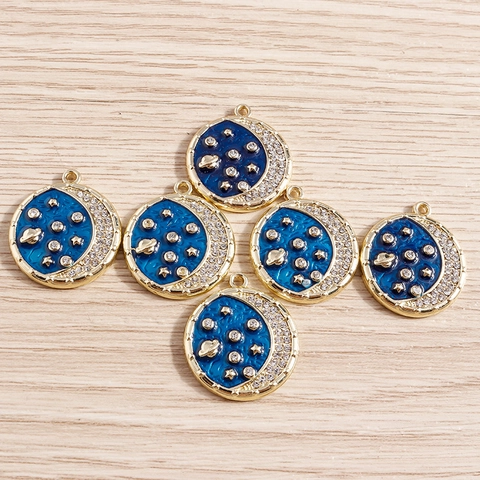 Alloy Enamel Rhinestone Celestial Moon Star Planet Pendants For DIY Jewelry Making Gold Royal Blue Enamel Pendant Charms