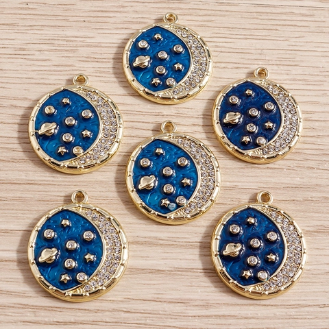 Alloy Enamel Rhinestone Celestial Moon Star Planet Pendants For DIY Jewelry Making Gold Royal Blue Enamel Pendant Charms