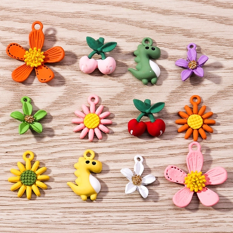 Sweet Alloy Flower Cherry Duck Dinosaur Pendants For DIY Jewelry Making Painted Metal Charms Accessories For Women Girls