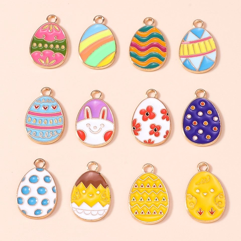 Easter Egg Alloy Enamel Pendants For DIY Jewelry Making Cartoon Rabbit Chick Pattern Charms Accessories Festival Gift