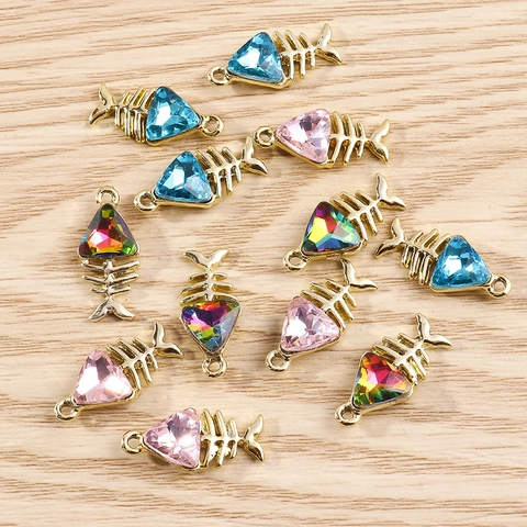 Fashion Zinc Alloy Rhinestone Fish Bone Pendants DIY Jewelry Making Charms Gold Plated Animal Shape Craft Accessories