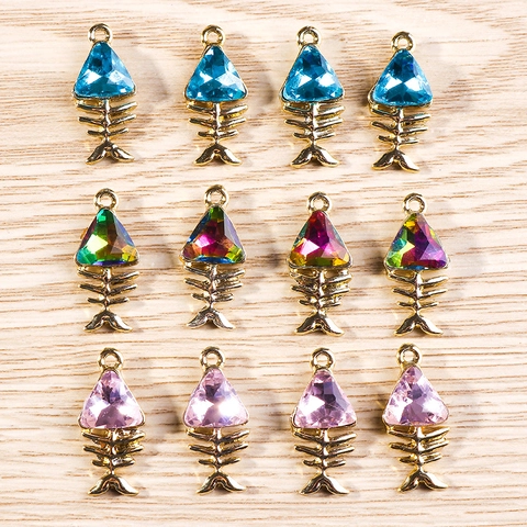 Fashion Zinc Alloy Rhinestone Fish Bone Pendants DIY Jewelry Making Charms Gold Plated Animal Shape Craft Accessories