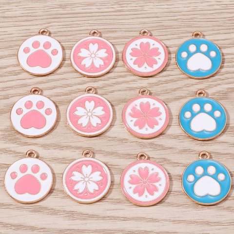 Cartoon Cute Cat Paw Sakura Alloy Enamel Charms For DIY Jewelry Making Round Flower Animal Pendant Accessories Jewelry Findings