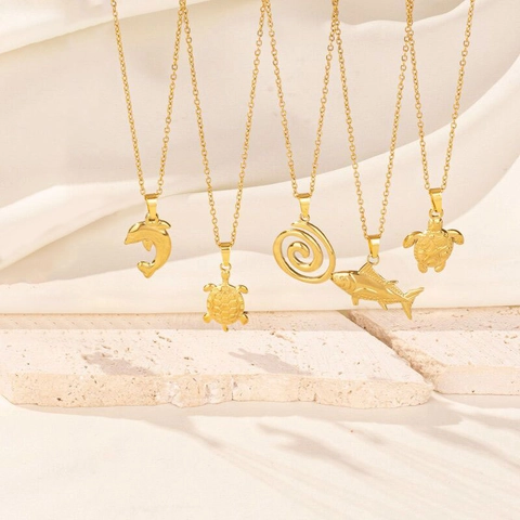 Vintage Edelstahl Ozean Tier Anhänger Halskette Für Damen Gold Silber Plattiert Meeresschildkröte Delfin Fisch Spirale Schmuck