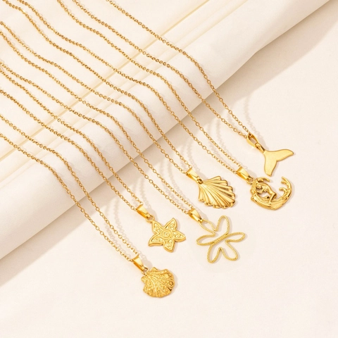 Collana con Pendente Oceano in Acciaio Inossidabile per Donna Placcata Oro Argento Conchiglia Stella Marina Sirena Gioielli