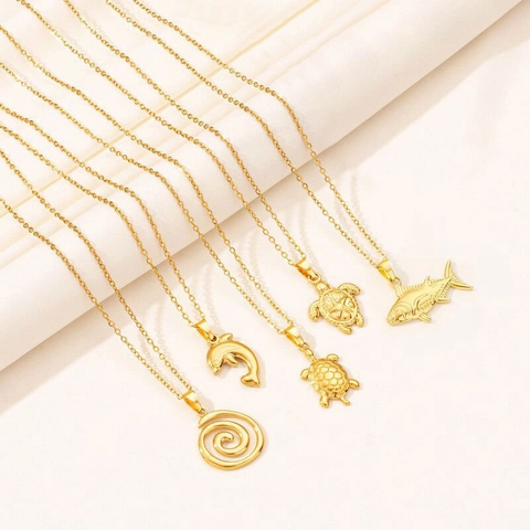 Vintage Edelstahl Ozean Tier Anhänger Halskette Für Damen Gold Silber Plattiert Meeresschildkröte Delfin Fisch Spirale Schmuck