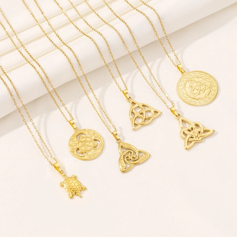 Vintage Stainless Steel Celtic Knot Sea Turtle Pendant Necklace Vacuum Plated Gold Silver Hollow Triquetra Jewelry For Women