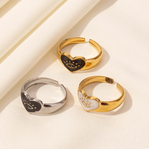 French Vintage 304 Stainless Steel Heart Evil Eye Open Ring For Women Personalized Fashion Adjustable Enamel Drip Oil Polished Finger Ring Jewelry