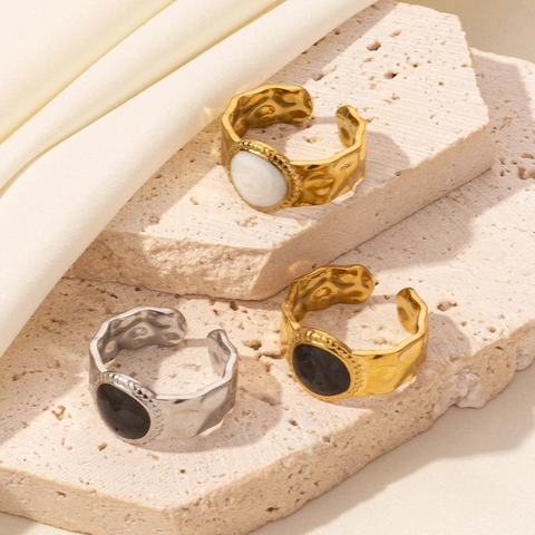 Vintage 304 Edelstahl Emaille Offener Ring Gehämmert Verstellbar Hohl Schwarz Weiß Minimalistischer Geometrischer Schmuck Damen