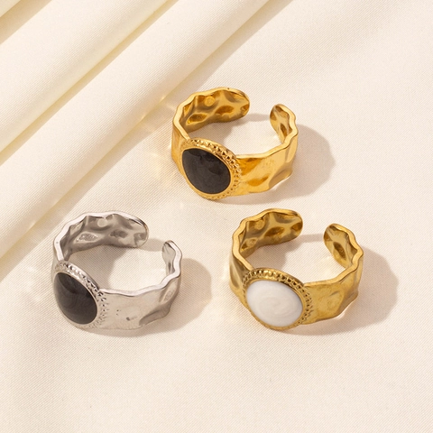 Vintage 304 Edelstahl Emaille Offener Ring Gehämmert Verstellbar Hohl Schwarz Weiß Minimalistischer Geometrischer Schmuck Damen