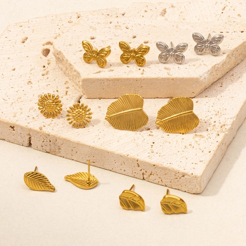 304 Edelstahl Blatt Schmetterling Sonnenblume Ohrstecker Vintage Gold Silber Galvanisiert Hypoallergen Für Damen
