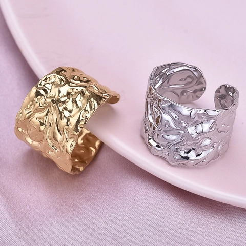 Women's 304 Stainless Steel Irregular Hammered Wide Ring Adjustable Open Finger Ring Modern Lava Texture Minimalist Jewelry