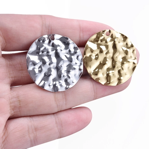 304 Stainless Steel Round Hammered Pendant Minimalist Geometric Textured Necklace Accessory For Women Gold Silver Tone DIY Jewelry