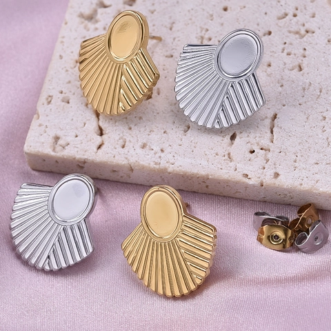 Orecchini a Bottone in Acciaio Inossidabile 304 a Forma di Ventaglio Irregolare Stile Francese per Donna Placcati in Oro 18K Vintage