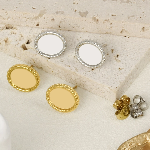 Minimalist Stainless Steel Stud Earrings 18K Gold Plated Irregular Oval Beaded Edge Vintage Earrings For Women Jewelry