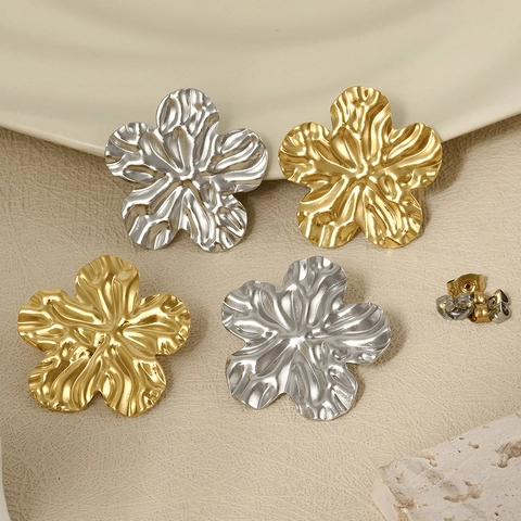 Pendientes de Botón de Acero Inoxidable 304 Forma de Flor Con Textura Arrugada Oro Plata para Mujer Joyería Diaria