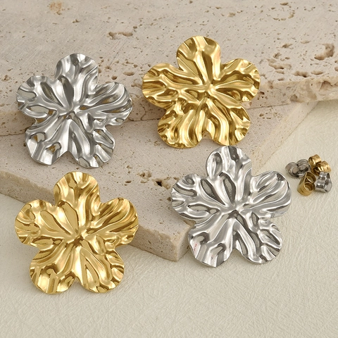 Pendientes de Botón de Acero Inoxidable 304 Forma de Flor Con Textura Arrugada Oro Plata para Mujer Joyería Diaria