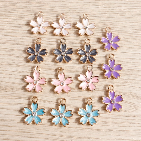 Sweet Alloy Enamel Cherry Blossom Flower Charms With Rhinestone Center Delicate Sakura Pendants For DIY Jewelry Making Crafts