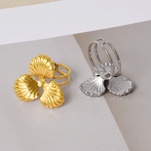 Mode 304 Edelstahl Dreiblattblume Offener Ring Minimalistische Strahlende Textur Einstellbarer Fingerring Für Damen Schmuck Geschenk