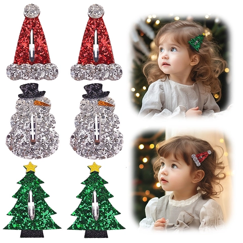 Fermagli Capelli Natale Bambini Glitzer Paillettes Cappello Babbo Natale Pupazzo Neve Albero Accessori Capelli Feste Ragazze
