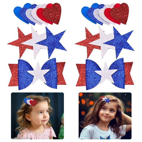 Independence Day Glitter Hair Clips For Kids American Flag Colors Red White Blue Bow Heart Star Alligator Hair Clips