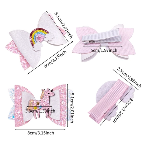 Kinder Glitzer PU Leder Schleife Haarspangen Schloss Schwan Regenbogen Einhorn Süße Mädchen Prinzessin Haarschmuck
