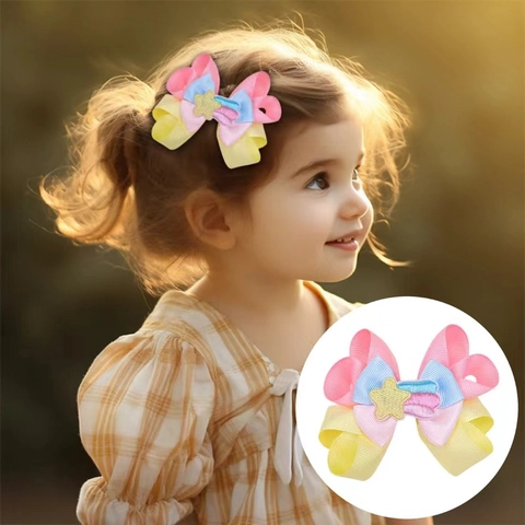 Barrettes Cheveux Nœud en Gros-Grain Faits à la Main pour Enfants Design Étoile Arc-en-Ciel Licorne Doux Filles