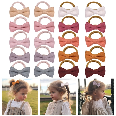 Cotton Linen Bow Hair Ties Set For Baby Girls Elastic Hair Bands Multicolor Headwear Accessories For Toddler Daily Styling