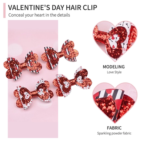 Handgefertigte Valentinstag Kinder Rote Glitzer Herz Schleife Haarspangen Süße Pailletten Gestreifte Haarnadeln Festlich Mädchen Haarschmuck