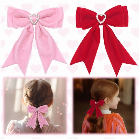 Children's Velvet Bow Hair Clip With Heart Rhinestone Valentine's Day Tailcoat Ribbon Hairpin Girls Sweet Hair Accessories