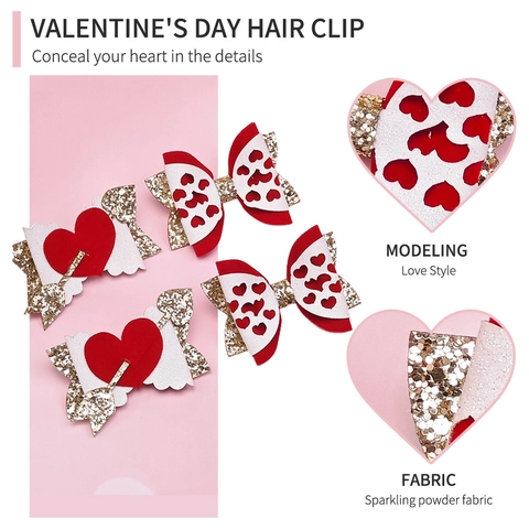 Valentine's Day Children's Glitter Heart Bow Hair Clips Sweet Girls Hollow Heart Cupid's Arrow Hair Accessories Festive Gift
