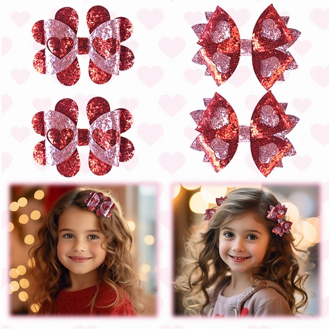 Pinzas para el Cabello con Brillo para Niños de San Valentín Lazo de Corazón Accesorios para el Cabello de Cuero Artificial