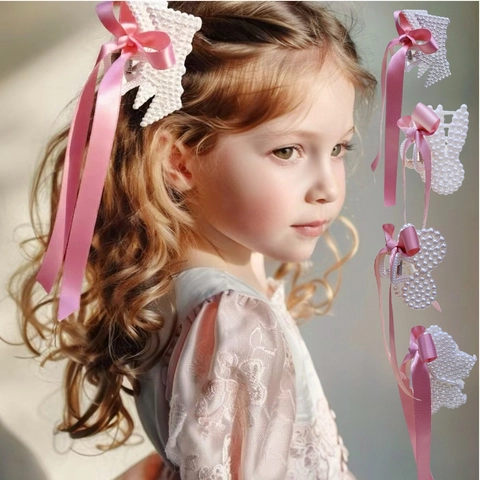 Niñas Niños Pinza para el Cabello Vintage Francesa con Lazo de Perlas Artificiales y Cinta Larga de Satén Rosa Estilo Dulce Princesa Accesorios