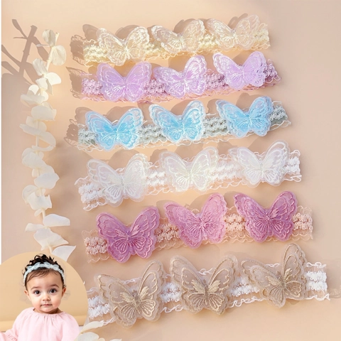 Diadema de Encaje con Bordado de Mariposa para Bebé Elástica Hecha a Mano con Perla Artificial para Fotografía y Fiesta