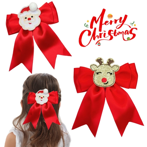 Fermagli per Capelli Natalizi da Ragazza Fiocco di Raso Rosso Babbo Natale Renna Ricamo Accessori per Capelli per Bambini