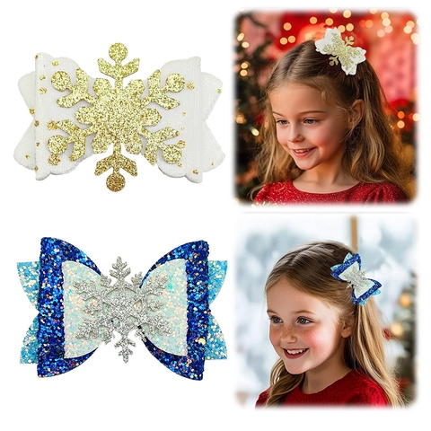 Christmas Snowflake Bow Hair Clips For Girls Princess Glitter Sequin Alligator Clips Festive Party Children Hair Accessories