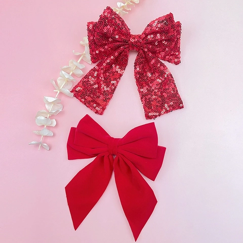 Barrette Cheveux Fille Grand Nœud Rouge Paillettes Scintillantes Satin Pince Croco Fête Noël Accessoires Cheveux